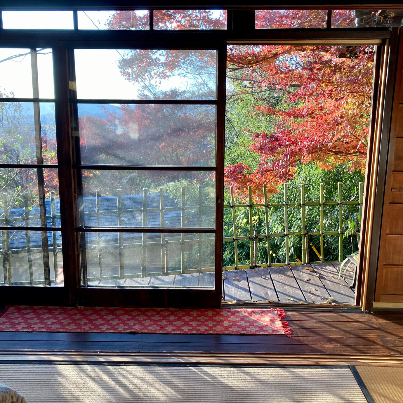 Doors slide open to the veranda for afternoon autumn sun.